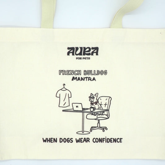 Off-white cotton tote bag with a bulldog design
