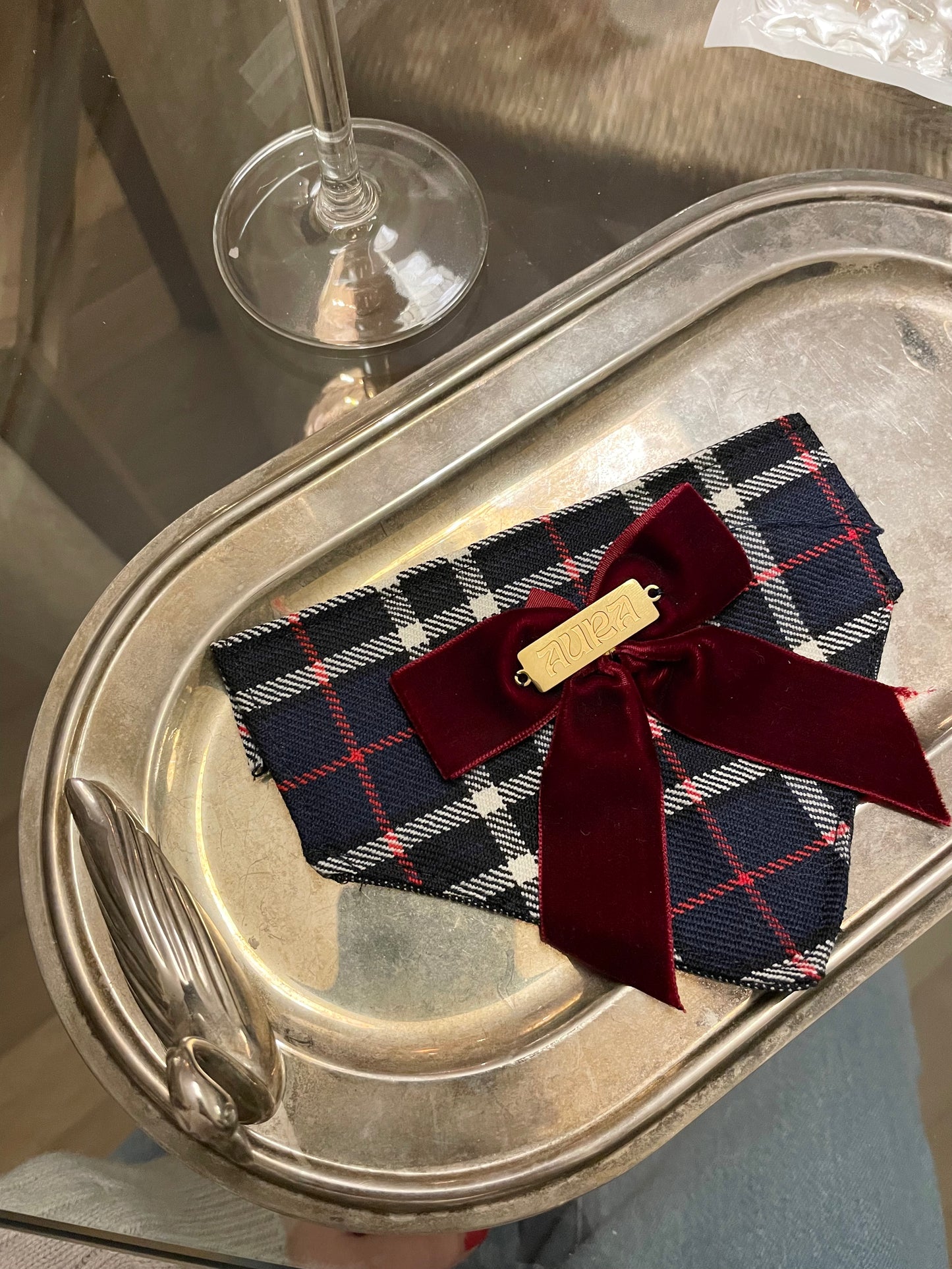 Tartan bandana-necklace with burgundy knot