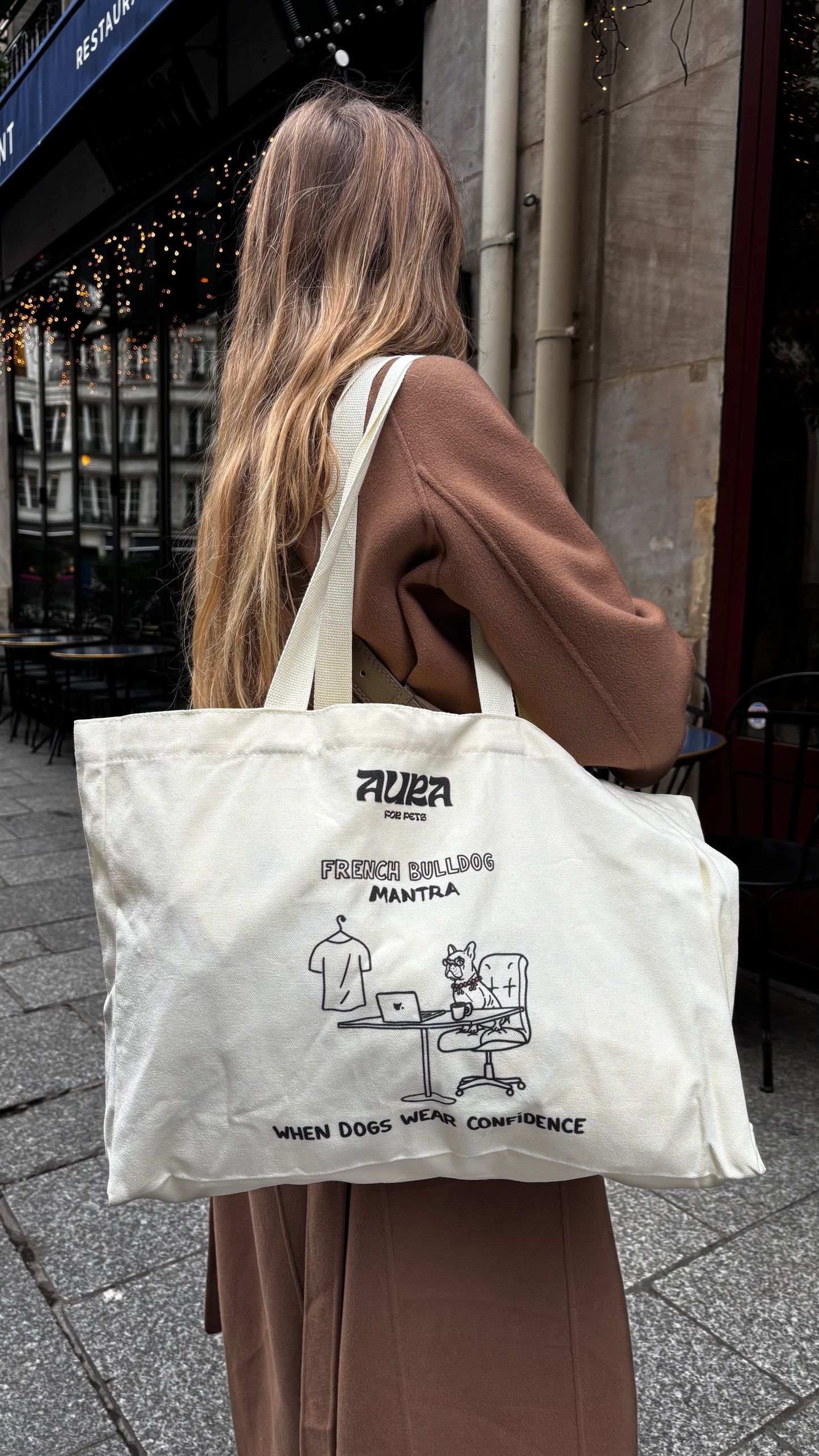 Tote Bag en coton blanc cassé Bouledogue