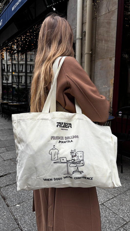 Tote Bag en coton blanc cassé Bouledogue