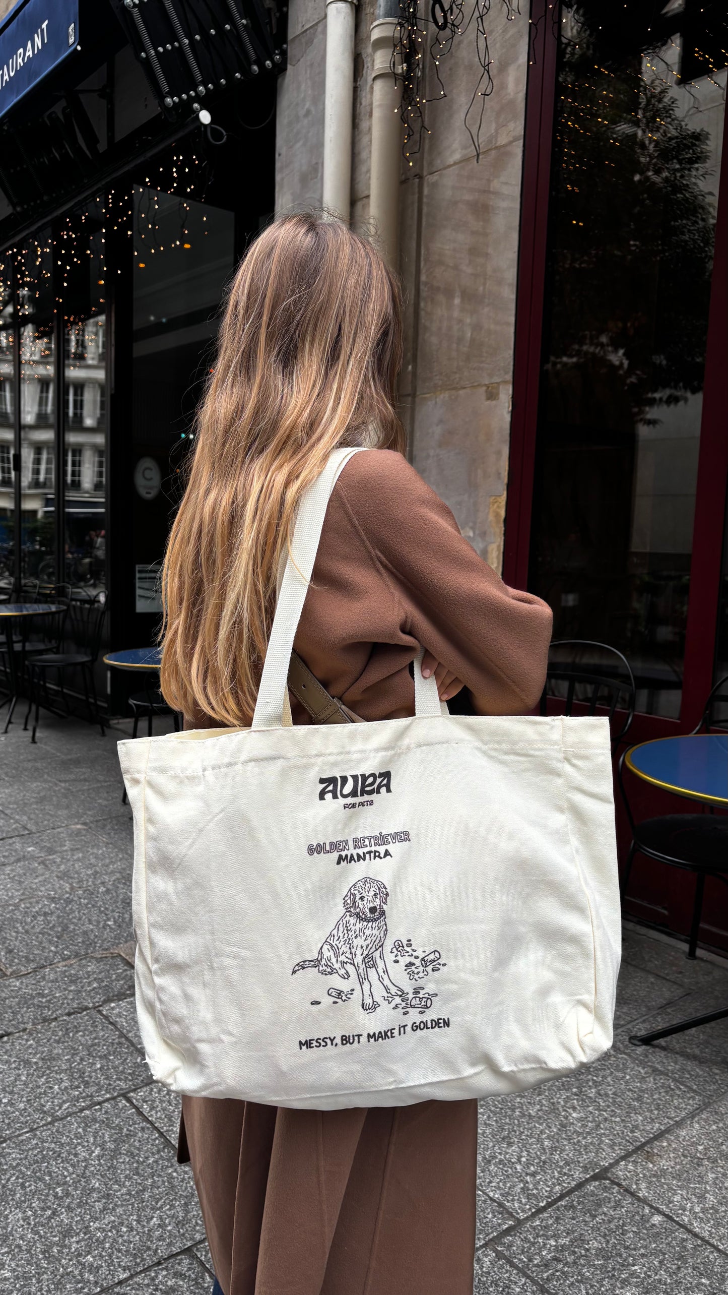 Tote Bag en coton blanc cassé Golden retriever