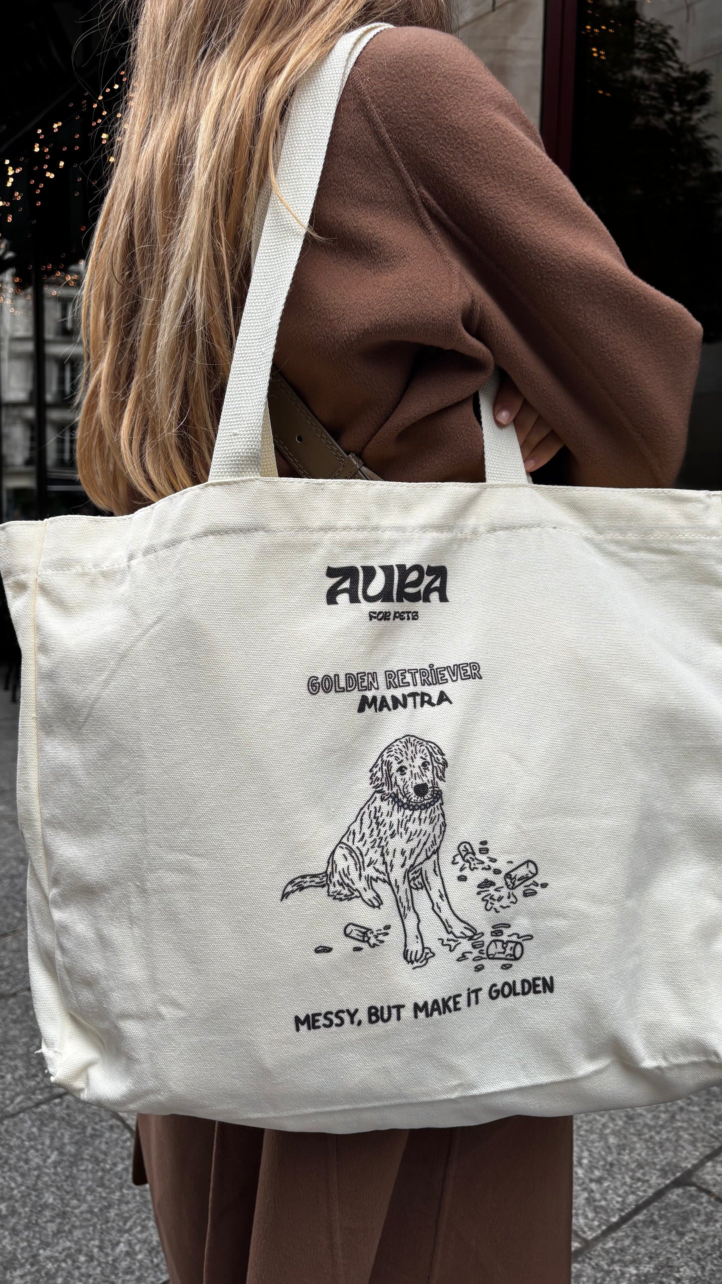 Tote Bag en coton blanc cassé Golden retriever